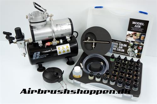 Vallejo Airbrush starterkit 1 med tank og 29 farver Basic colors